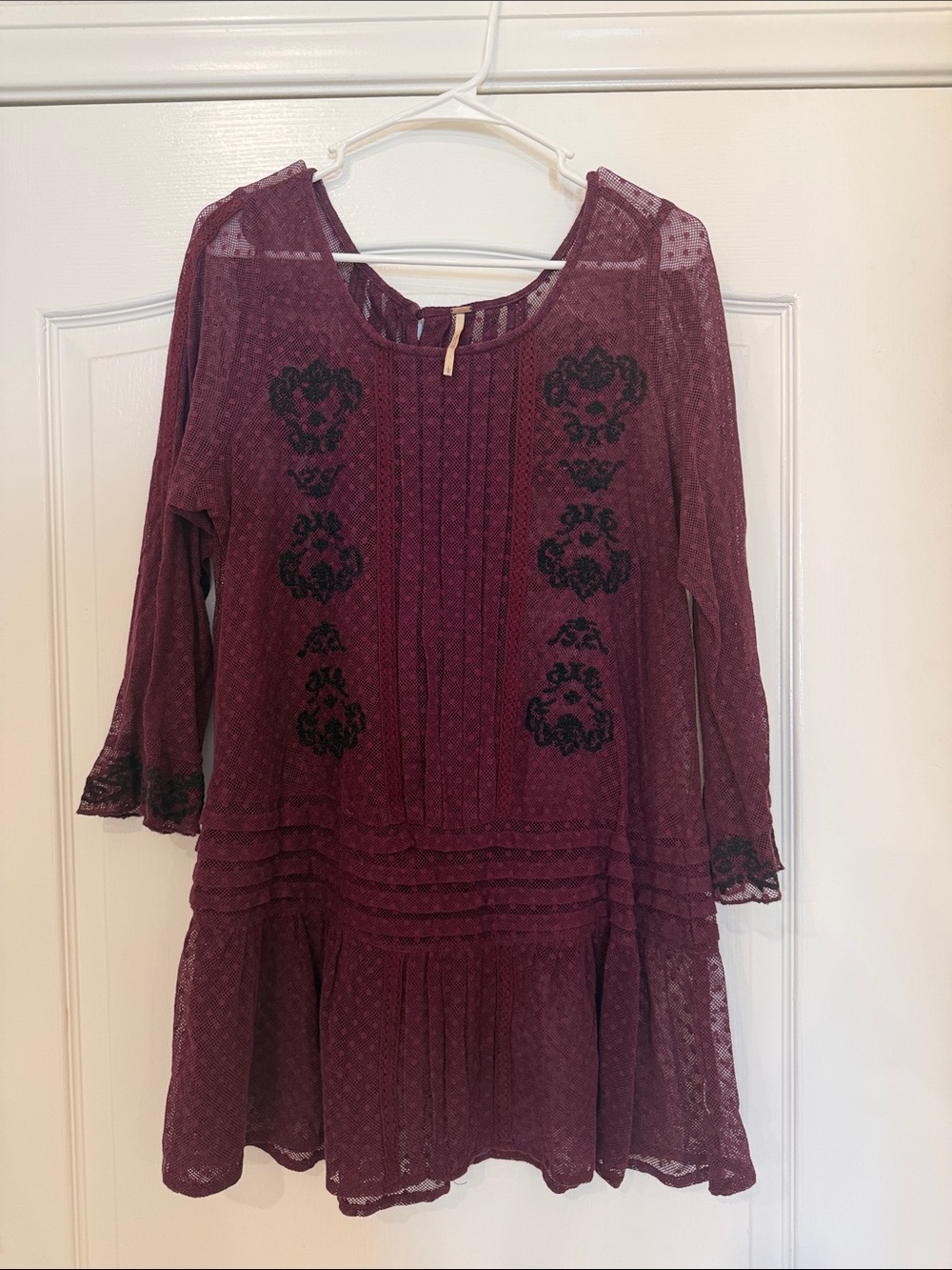Free People Burgundy Lace-Embroidered Long Sleeve Dress